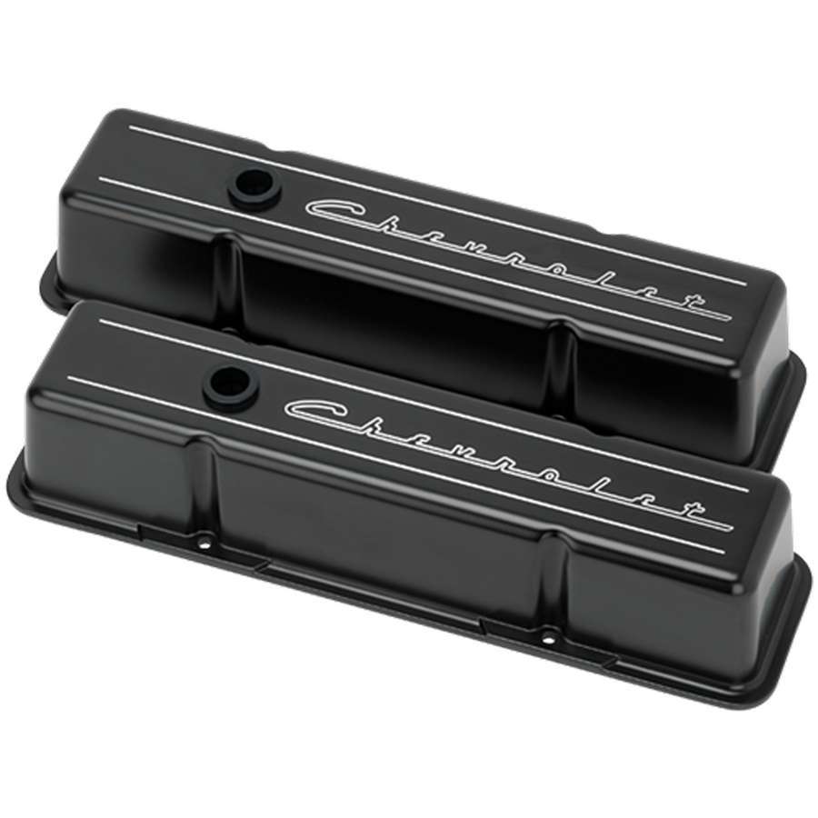 SBC Tall Valve Covers Chevrolet Script Black  -  BLK95223